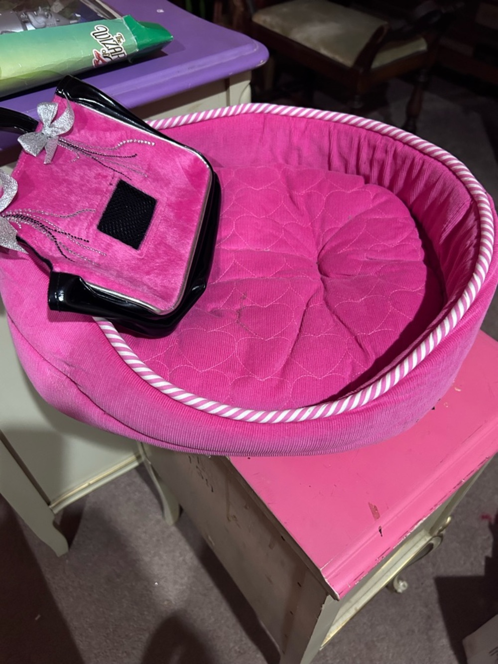Stuffed toy dog bed and dog carrier